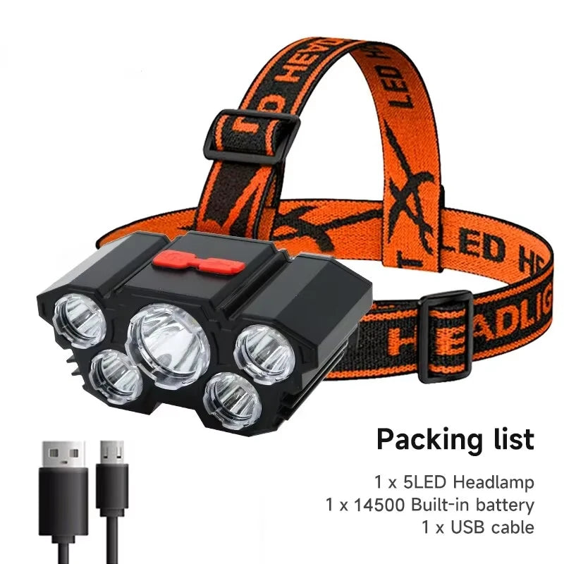 ភ្លើងពិល LED 5 គ្រាប់ អាចសាកបាន ជាមួយថ្ម 14500 ភ្ជាប់មកស្រាប់ ពន្លឺខ្លាំង សម្រាប់បោះតង់ ផ្សងព្រេង នេសាទ ភ្លើងមុខ