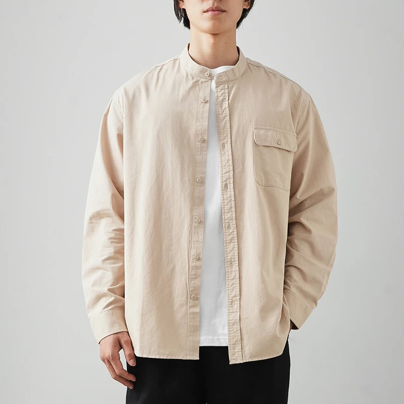 DUKEEN Stand Collar Men's Shirt 2025 Spring and Autumn 100% Cotton Korean Style Long-Sleeve Casual White Tops Man Clothing