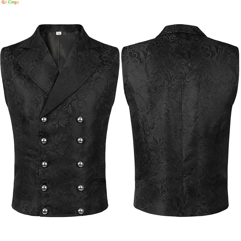 Men's Black Sleeveless Dress Vest Jacket, Halloween Top Vest, Black Vintage Single Breasted Embroidered Waistcoat