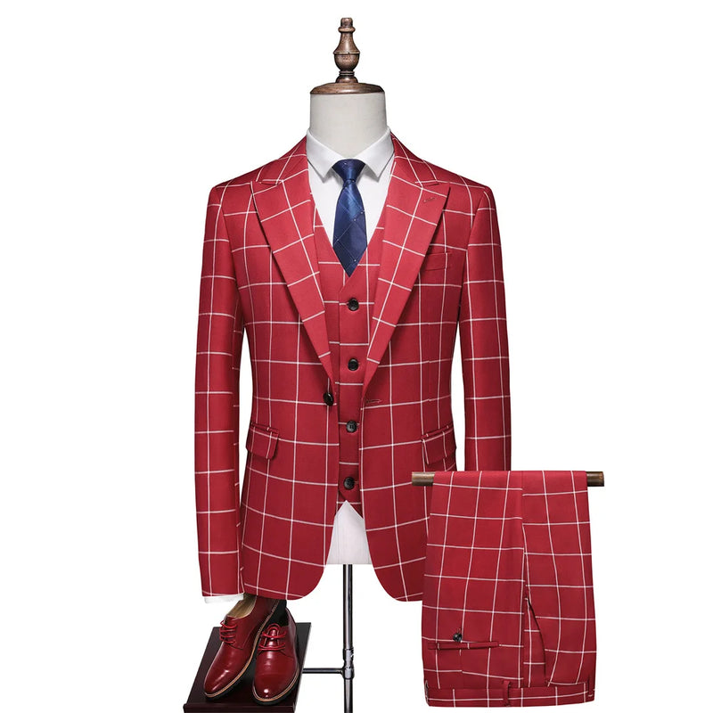 Men's Black-White Striped Plaid Suit 3-Piece, Wedding Party Dress Jacket and Vest with Trousers, Asian Sizes Red Slim Fit Sets.