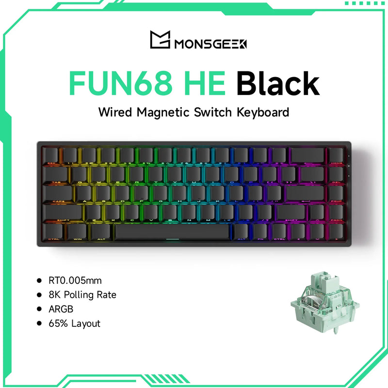 Akko MonsGeek FUN68 HE Magnetic Keyboard 65% Rapid Trigger 0.005mm 8000Hz ARGB USB/Wireless Gaming Custom Keyboard for Gamer