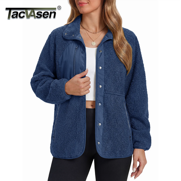 TACVASEN Women's Stand Collar Sherpa Fleece Jacket Winter Warm Lightweight Fuzzy Button Down Coat 3 Zipper Pockets Casual Jacket