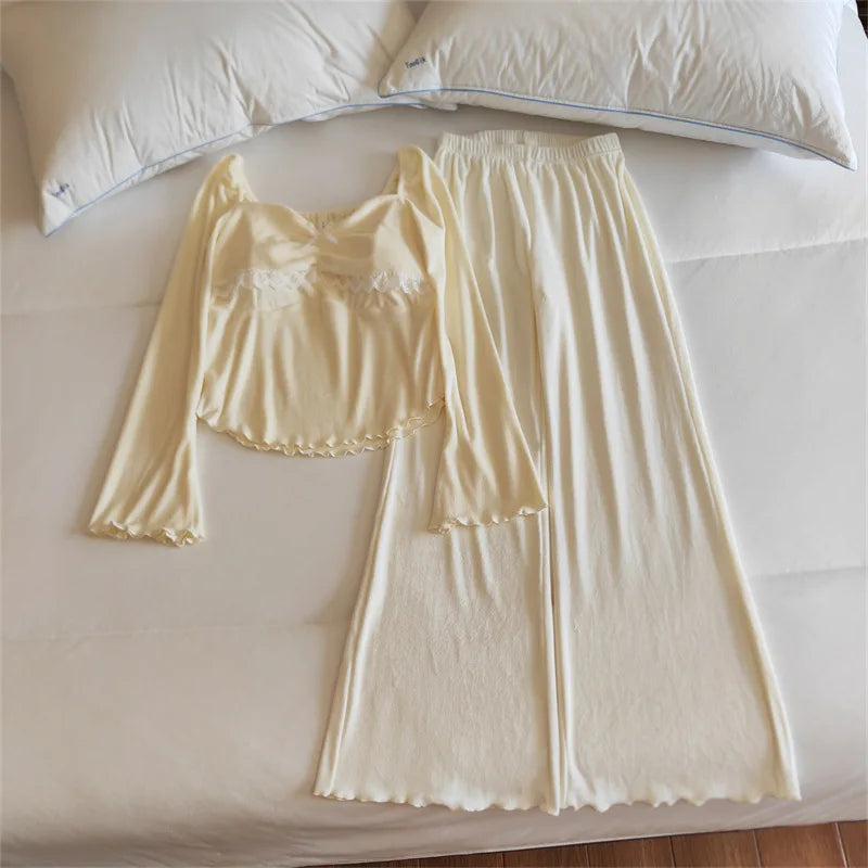 New Sleepwear Women's Spring/Autumn Chest Pad Pajama Long-Sleeved Top and Trousers Loungewear Set Nightwear for Woman Home Wear