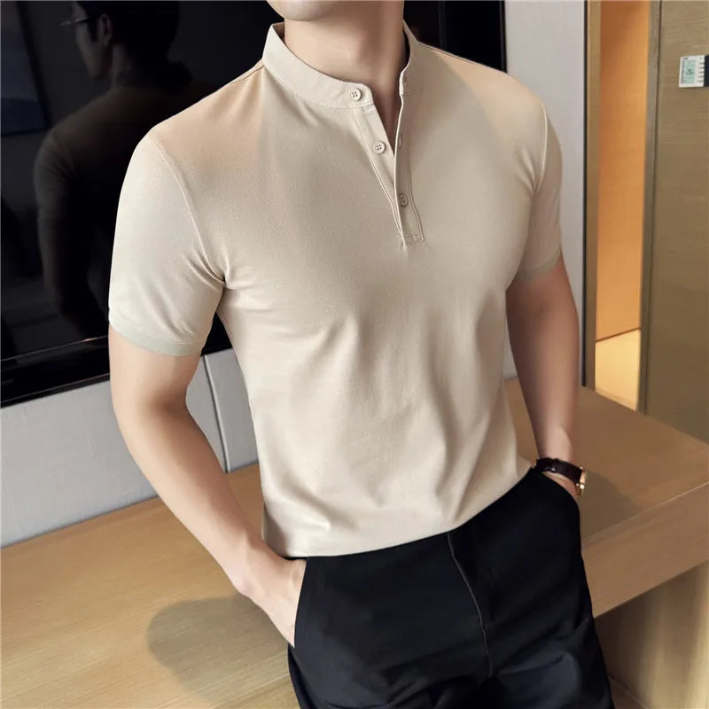 2025 New Men's Army Green Henley Polo Shirt – Summer Thin-style Breathable Short-Sleeve T-Shirt (Black/Beige/Gray, Sizes M-3XL)