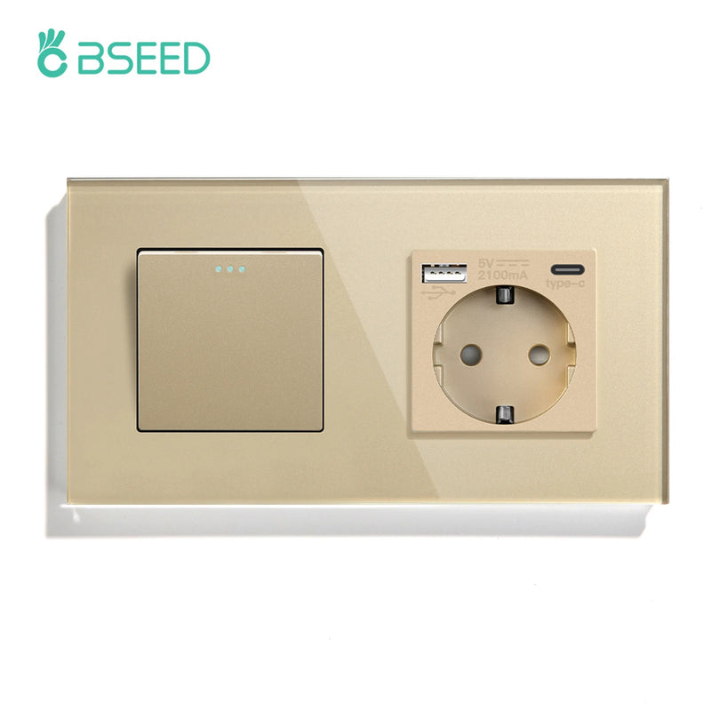 BSEED Mechanical Wall Button Switch 1/2/3Gang 1Way Wall Power Socket Glass Frame USB Type-C Charge Port Home Improvement