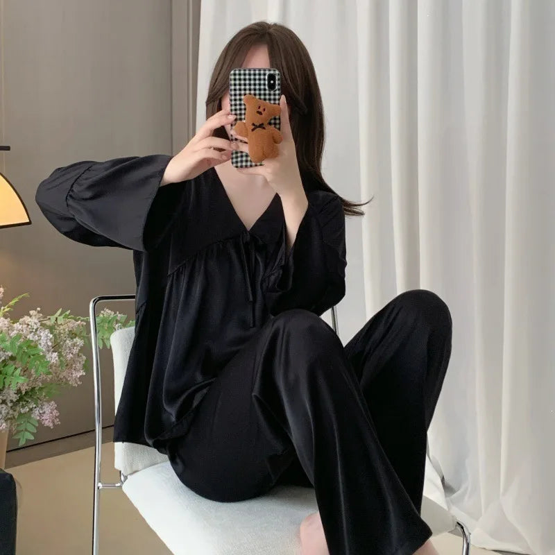 Thin Long Sleeve Pajamas V-neck Silk Pyjama Women's 2-piece Sets Spring Autumn Nightwear Female Sleep Elegant Sleepwear Pijama
