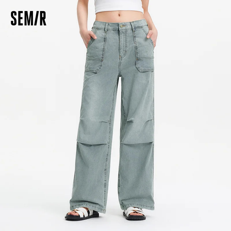 Semir Women Pants Denim Drawstring Cool Feeling Loose Workwear American Street Style Cool Wide Leg 2026 Summer Fashion Top
