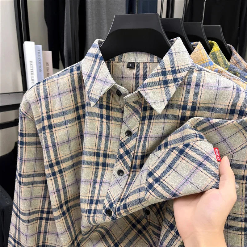 Fashion Check Pattern Men Long Sleeve Shirt Classic Lapel Design Versatile Matching Layer Outfit Street Casual Shirt
