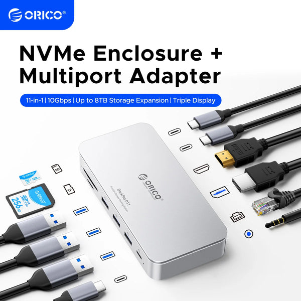 ORICO M.2 2230/2242/2260/2280 NVMe SSD Enclosure 10Gbps USB C Storage Docking Station ជាមួយ 8K60HZ HD DP SD/TF PD100W Charger HUB