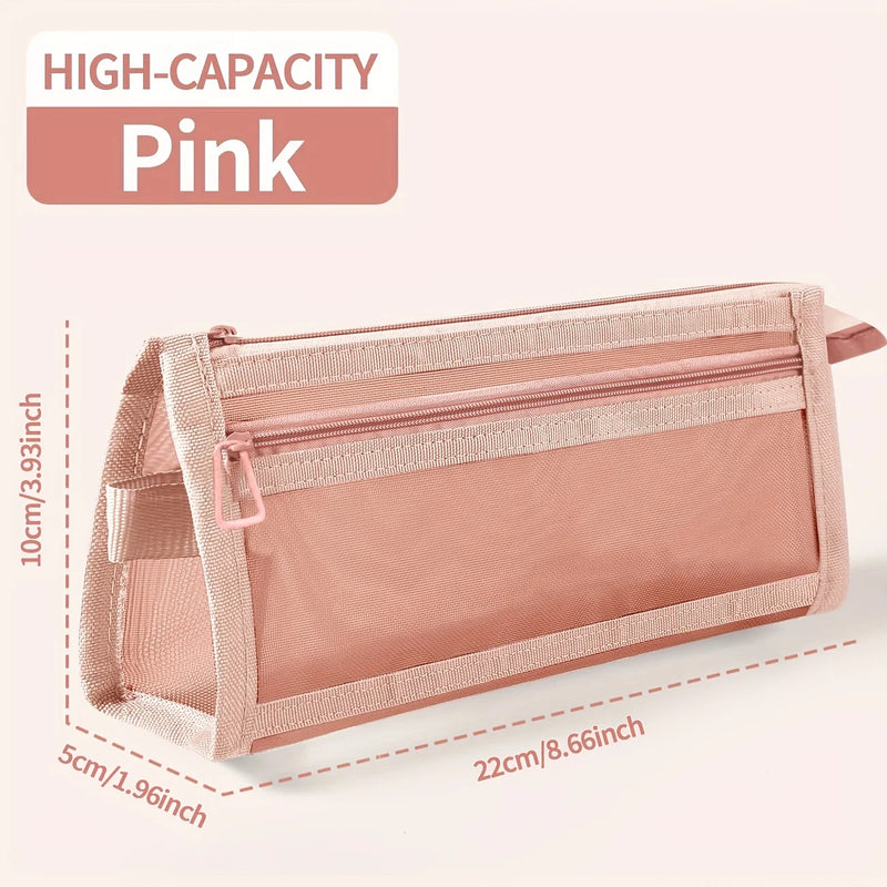 Desk Storage Morandi Grid Mesh Pencil Case with Handle and Zipper Clear Double-layer Pencil Pouch Marker Pouch,Travel Makeup Bag