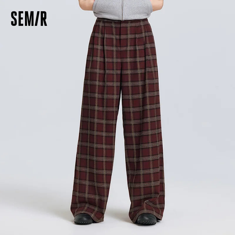 Semir Wide Leg Pants High Waist Pleated Elastic Waist Plaid Soft Comfortable Casual Streetwear Trendy Everyday Women Spring 2025