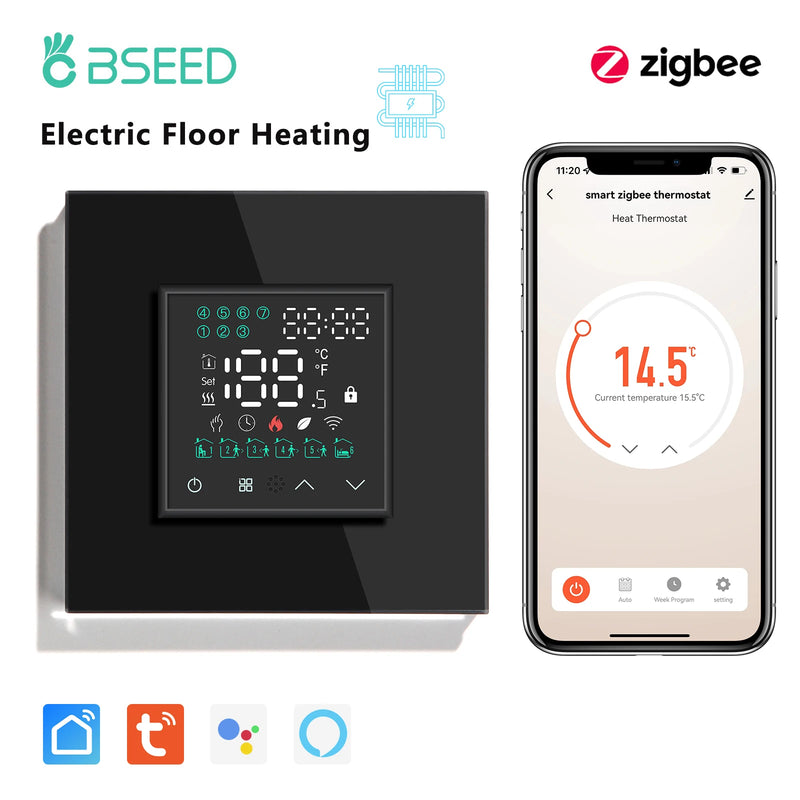 BSEED Zigbee Electric Floor Heating Thermostat Temperature Controller With Normal Socket Tuya Smart Life Google Home Control