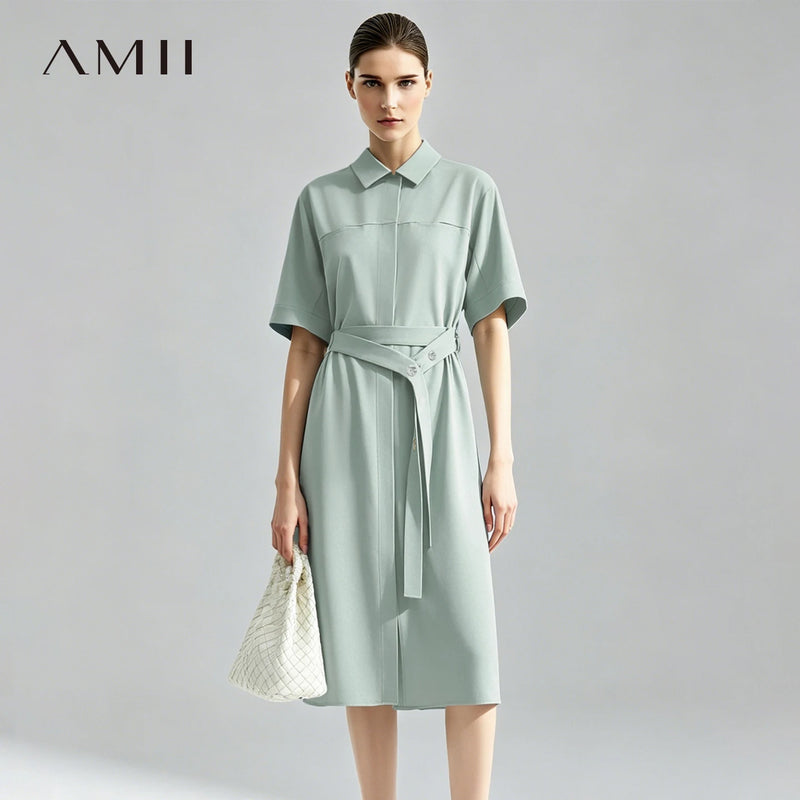 Amii Women's Casual Dresses 2026 Summer New Lapel Collar Dolman Sleeve With Belted Loose Office Shift Dress For Women 12642200