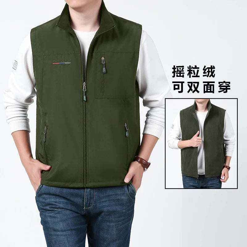 Men's Sleeveless Vest Jacket for Fall and Winter, Travel, Leisure, and Fishing Wear. Green, Khaki, Gray, Black, Red, Blue Coat.