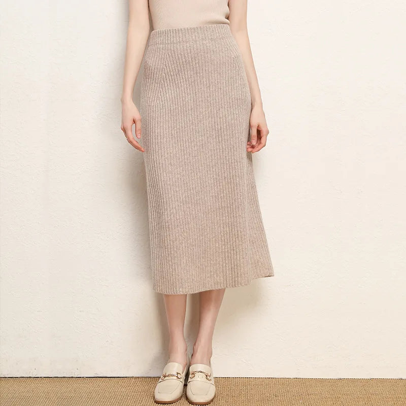 Women's Brown Knit Skirt for Winter, High-waisted, Pink, Calf-length; Available in Black, Beige, and Apricot.