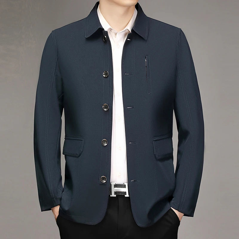 2026 New Men's Red Long-sleeve Collared Jacket, Black Single-breasted Casual Coat, Navy and Khaki Tops.