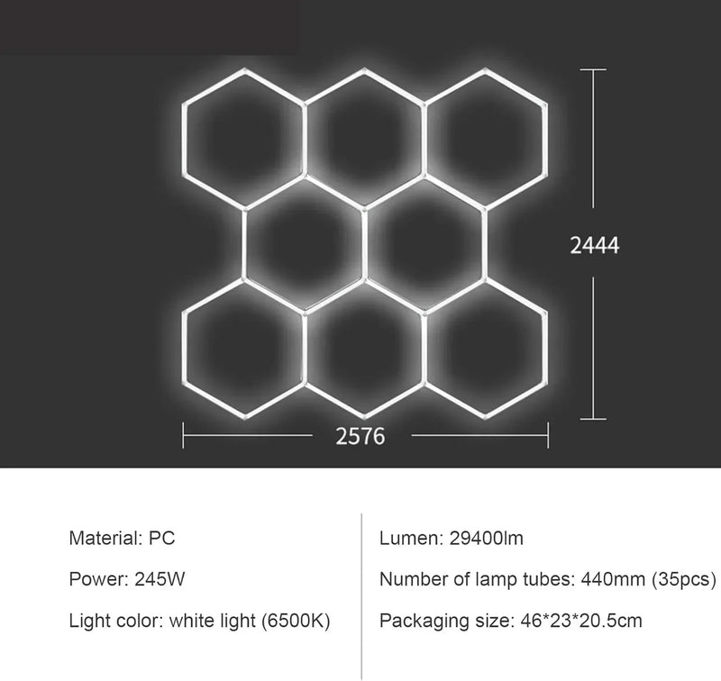 LED Garage Lights Hexagon Lamp 110-240V LED Tube Honeycomb Barbershop Ceiling Lighting for Workshop Car Show Auto Repair Gym