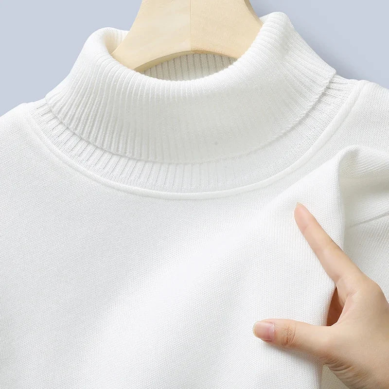 Stretch Knitted Turtleneck Top For Males Full Fleece Lining Thermal Warm Pullover Long Sleeve Casual Street Outfit