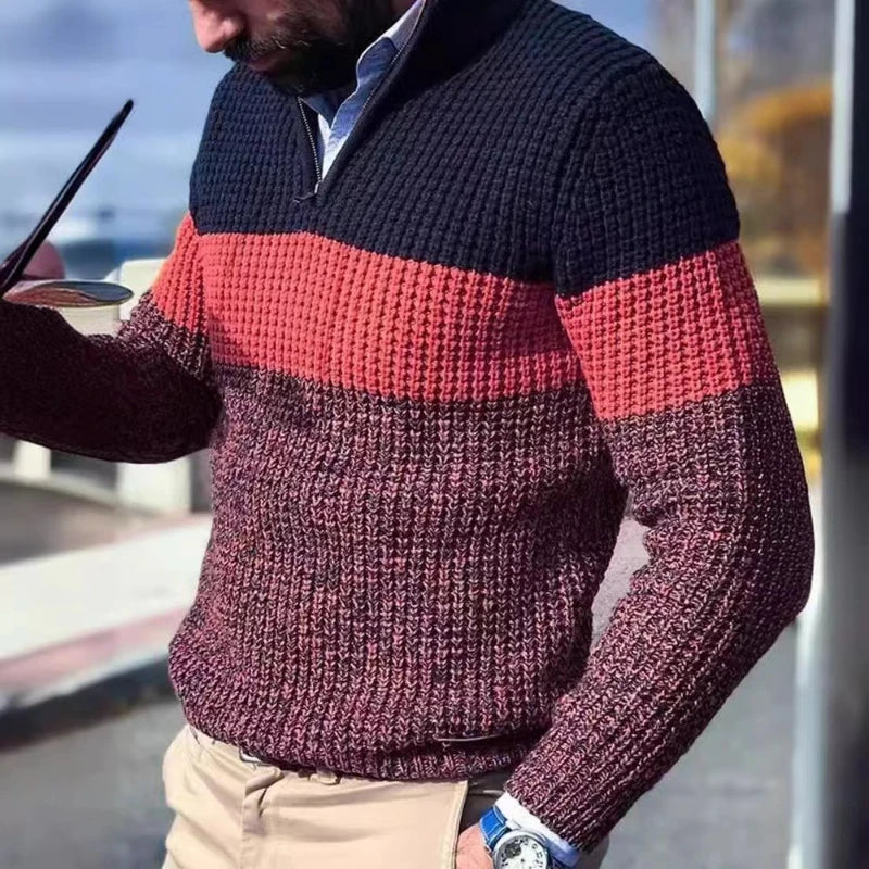 Men's Color Block Turn-Down Collar Knit Sweater - Gray (Yellow/Orange Red) M-2XL