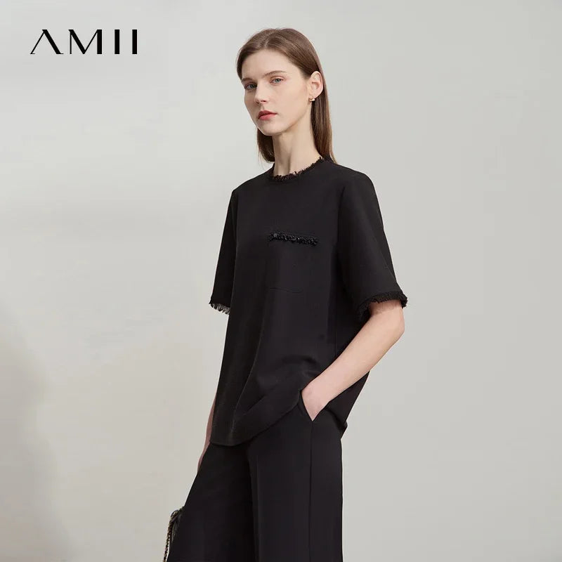 អាវក្រណាត់អាវធំស្ត្រី Amii Minimalist ឆ្នាំ ២០២៥ រដូវស្លឹកឈើជ្រុះថ្មីត្រង់រំយោលស្មាអង្កាំដៃខ្លី 12521016