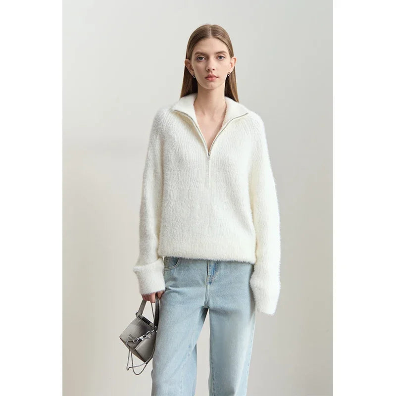 អាវយឺត Amii Turtleneck មានខ្សែរ៉ូត ពាក់កណ្ដាលបើក ធ្វើពីរោមចៀមសិប្បនិម្មិត ម្ជុល អាវក្រៅ 2025 រដូវរងា សម្រាប់នារី ដៃអាវរលុង 12444266
