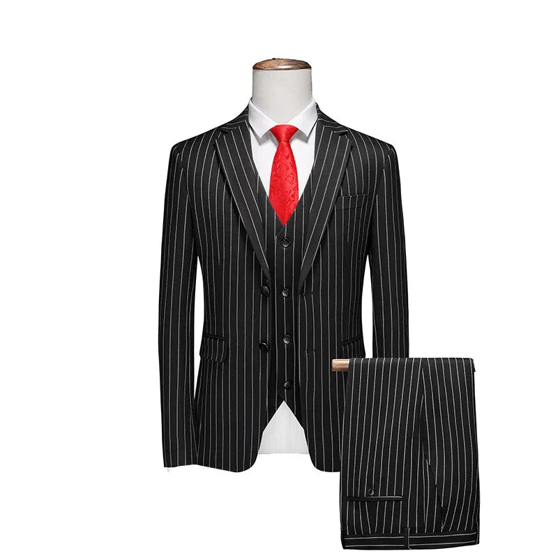 Men's Black-White Striped Plaid Suit 3-Piece, Wedding Party Dress Jacket and Vest with Trousers, Asian Sizes Red Slim Fit Sets.