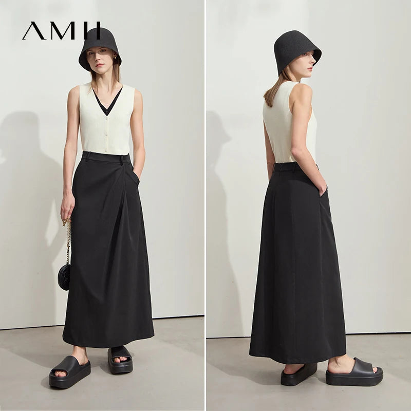 សំពត់វែងថ្មី Amii Minimalism 2025 សម្រាប់នារី រដូវក្តៅ ពណ៌ខ្មៅ រំយោល ឆើតឆាយ សម្រាប់នារីការិយាល័យ ធ្វើដំណើរ សំពត់រលុង 12542102