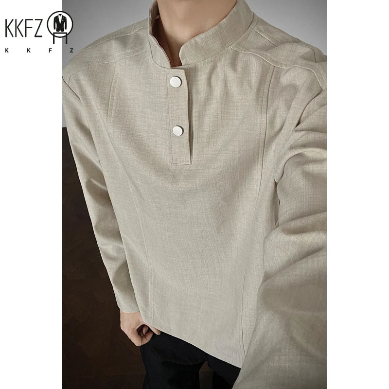 Mens Stand Collar Long Sleeve Top Partial Button Closure Decorative Seam Craft Loose Fit For Office Commute Leisure Outfit