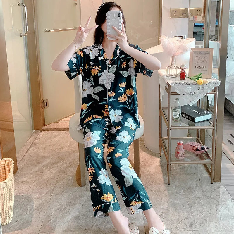 Floral Short Sleeve Sleepwear Female Nightwear Pyjamas Women Summer Pajamas Lapel Top Trousers Home Suit Loungewear Set Pijama