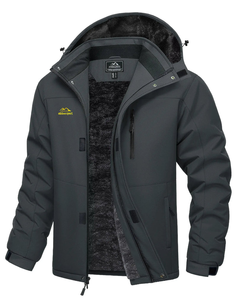 TACVASEN Mens Ski Jacket Waterproof Fleece Parka Coat Detached Hood Windproof Placket Outdoor Coat Winter Warm 5 Pocket RainCoat