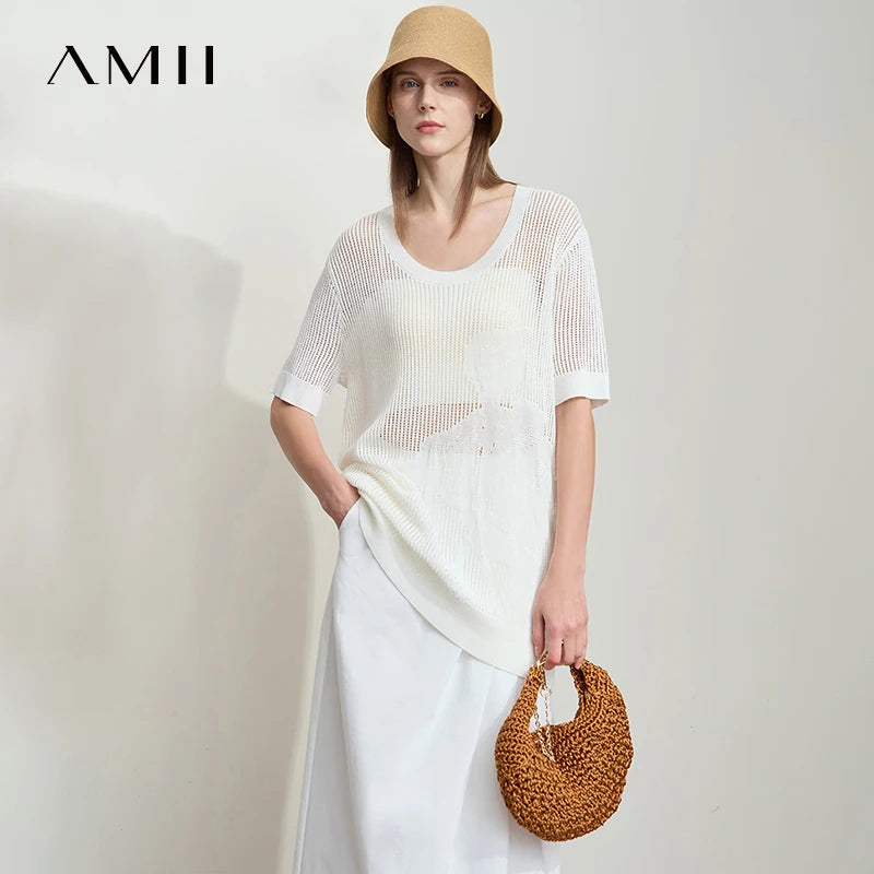 AMII Casual Summer Sweater Women 2026 Short Sleeve U-neck Plant Jacquard Hollow Flowered Wool Sweaters Woman Fashion 12552076