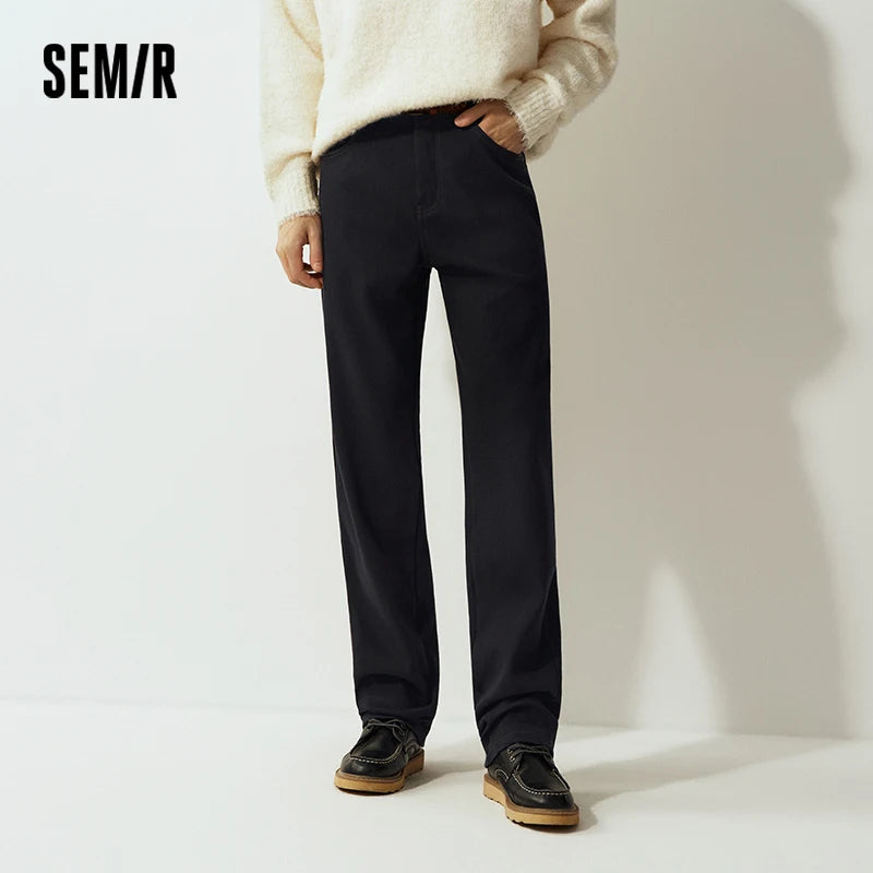 Semir Jeans Men Winter Fleece Lined Warm Lycra Elastic Straight Leg 2025 New Business Casual Commuting Pants Men'S Wear