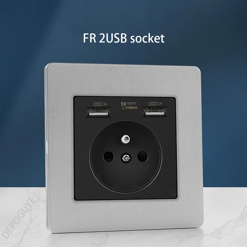 Wall Light Toggle Retro Switch Panel 1-4 Gang 2 Way EU Silver Gray Brushed Stainless Steel Antique Switch Outlet with USB Chargi