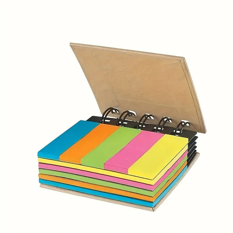 250 Sheets Portable Combination Sticky Notes Set - 5 Different Colors,Spiral Notebook, Self-Adhesive Notes, Brown Cover.