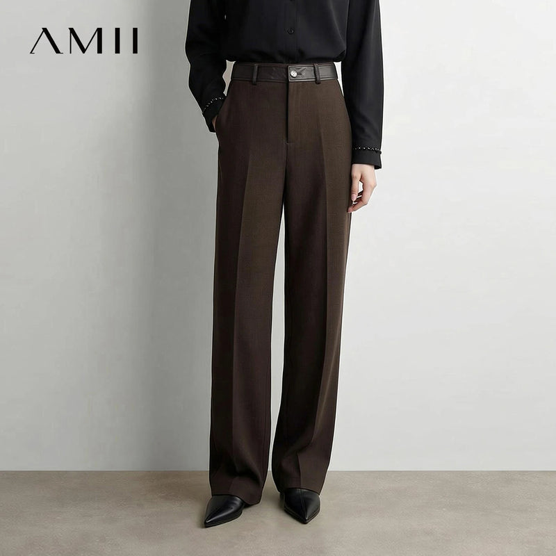 Amii Straight Leg Women Pants Faux Leather Spliced Commuting Autumn New 2026 Comfortable Smooth Drape Pants For Woman 12643011