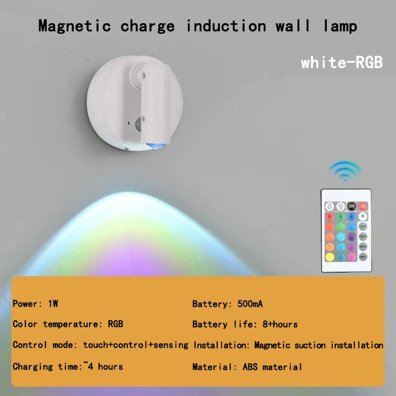 ចង្កៀងជញ្ជាំងសាកថ្ម RGB ម៉ាញេទិកបឺតពន្លឺបន្ទប់គេង ចង្កៀងអានក្បែរគ្រែ ចង្កៀងលាងជញ្ជាំង ភ្លើងអាចលៃតម្រូវបាន ចង្កៀងរូបភាព