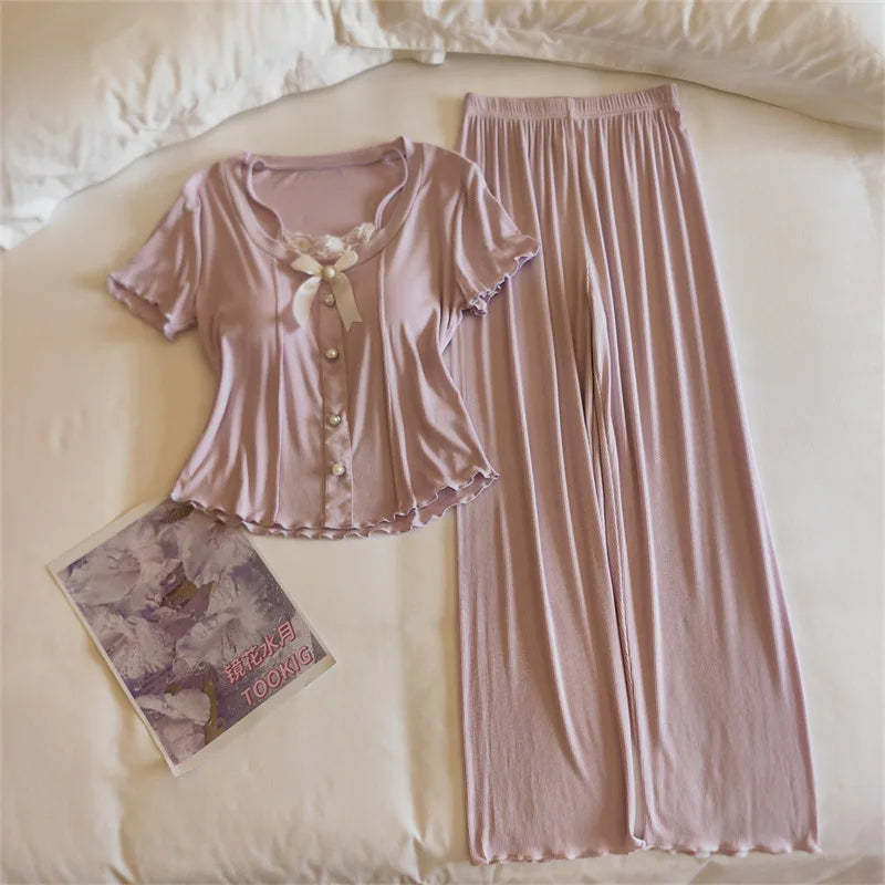 Summer Pajamas For Women New Elegant Modal Sleepwear Set Korean Bow Short Sleeve Trousers Sets Chest Pad Nightwear Home Suit