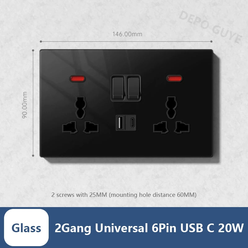 Universal 20W Type-C Wall Quick charge Socket,Dual Switch control Universal Power outlet,White UK Standard USB Interface Socket