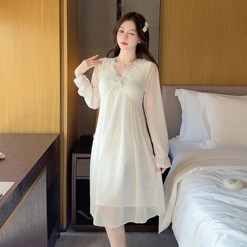 Spring Summer Long Sleeved Night Dress Woman Modal Lace Mesh Princess Nightgown Sleepwear Women's Nightie Korean Sleep Shirts