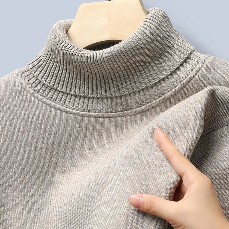 Stretch Knitted Turtleneck Top For Males Full Fleece Lining Thermal Warm Pullover Long Sleeve Casual Street Outfit