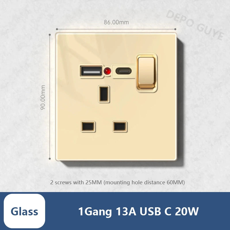 Universal 20W Type-C Wall Quick charge Socket,Dual Switch control Universal Power outlet,White UK Standard USB Interface Socket
