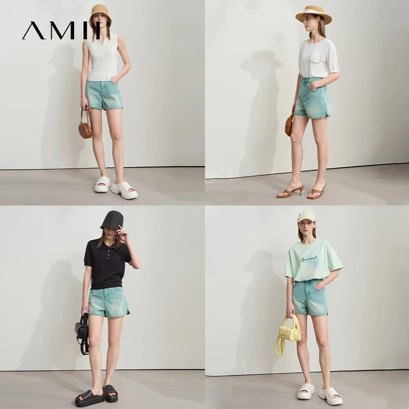 AMII Women 2026 Casual Summer New Shorts Old Retro Washed Cotton High Waist Short Denim Pants Female Fashion Straight 12542221