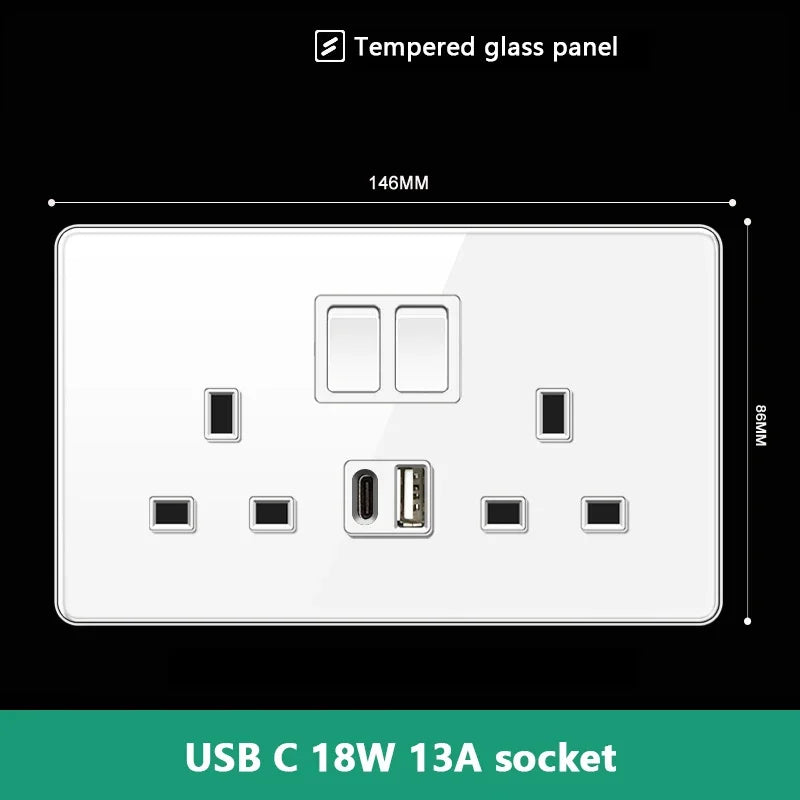 UK 13A Wall Socket with Type-C 18W Fast Charging Plug Socket,Glass Panel Power Double Universal Outlet with Quick USB C charge