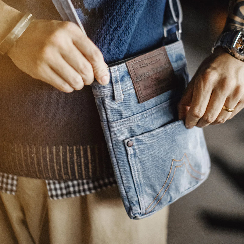 Maden Vintage Washed Blue Denim Crossbody Bag Unisex Canvas Messenger Bag Commuter Shoulder Tote & Coin Purse for Daily Use