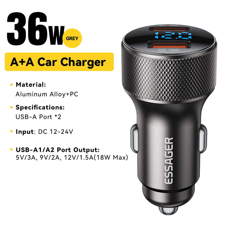 Essager USB C Car Charger 45W 2 Ports PD3.0 QC3.0 Digital Display Car Phone Charger For iPhone 16 15 Xiaomi Huawei Samsung OPPO