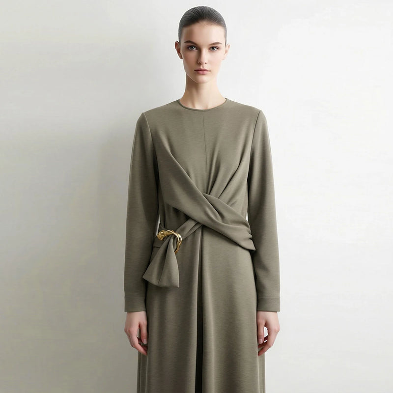 Amii Women's Casual Dresses 2026 Autumn New O-Neck Satin Long Sleeve Elegant D-ring Belt Slim A-Line Dresses For Woman 12643006