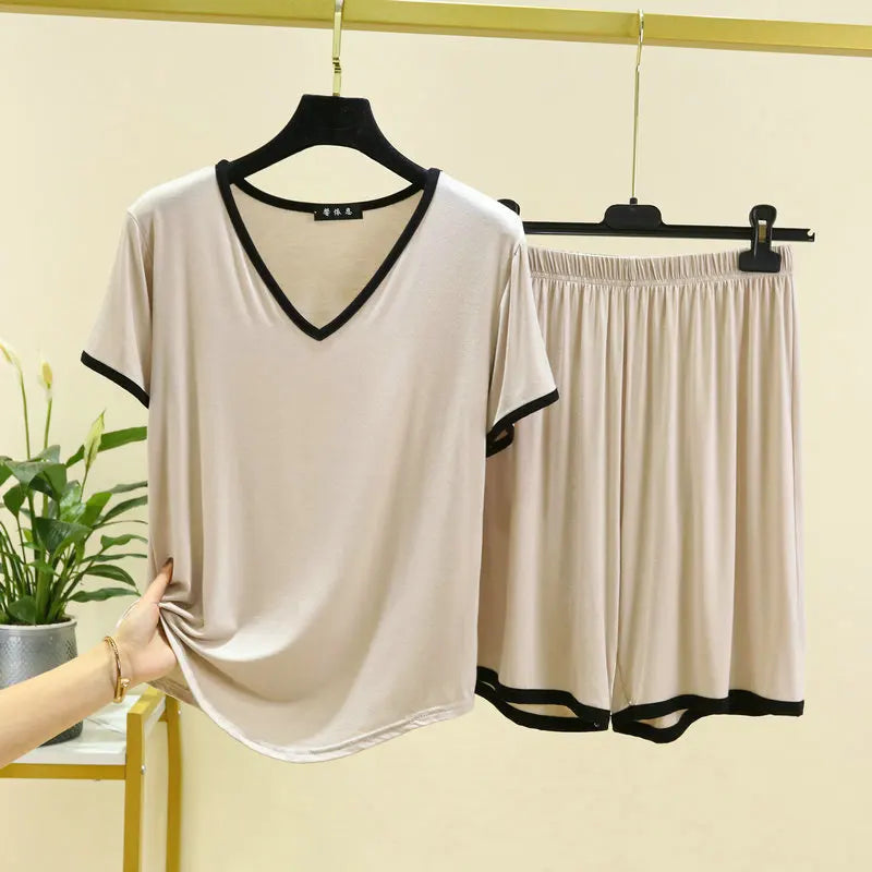 Summer Ensemble Femme 2 Pièces New Modal Short Sleeve Sleepwear Set V Neck T-Shirt Shorts Suit Casual Pajamas Women Nightwear