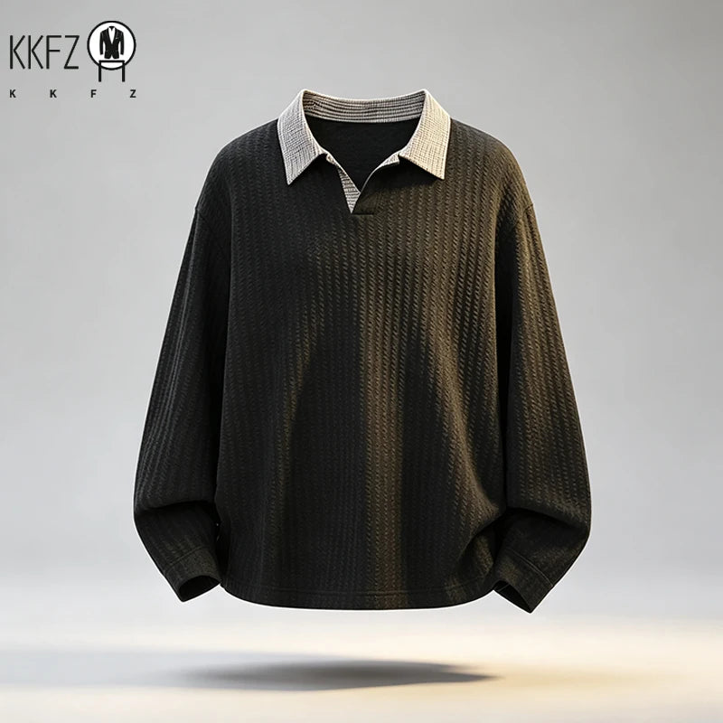 Male Rib Knit V Neck Polo Shirt Long Sleeve Contrast Plaid Collar Relax Fit Lightweight Streetwear Top