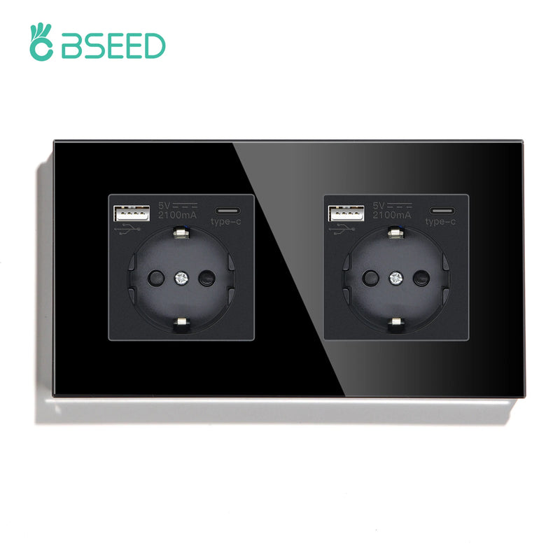 BSEED EU Standard Wall Electrical Sockets Type-C Outlets Wall Power Socket USB Charge Port Glass Panel Kids Protection 16A