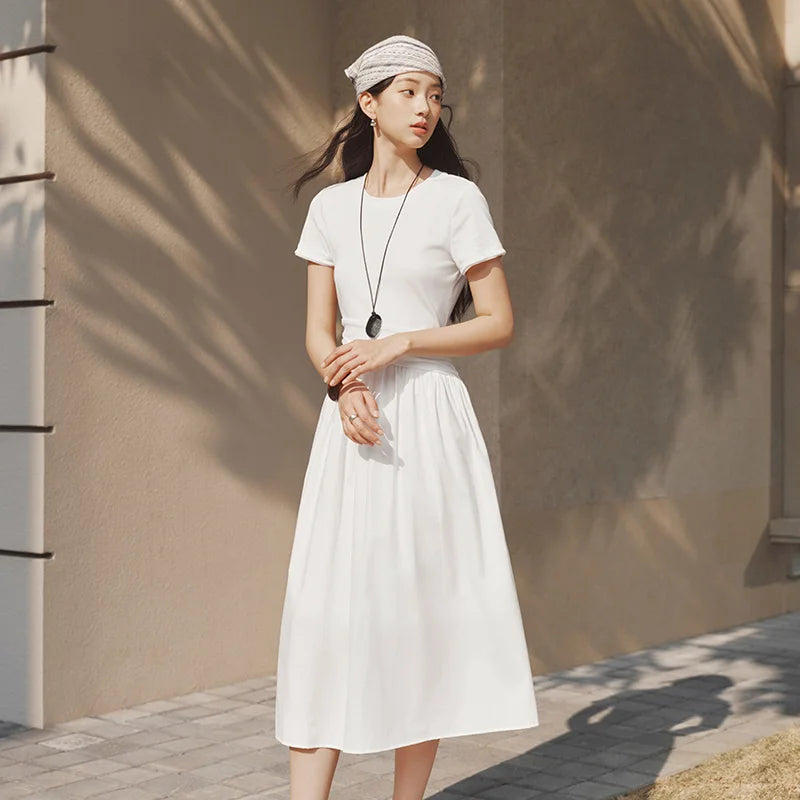 Semir Women Dress Pleated 2026 Crew Neck Cooling Waist Cinched Urban Casual Everyday Style Soft Comfortable Daily Wear Trendy